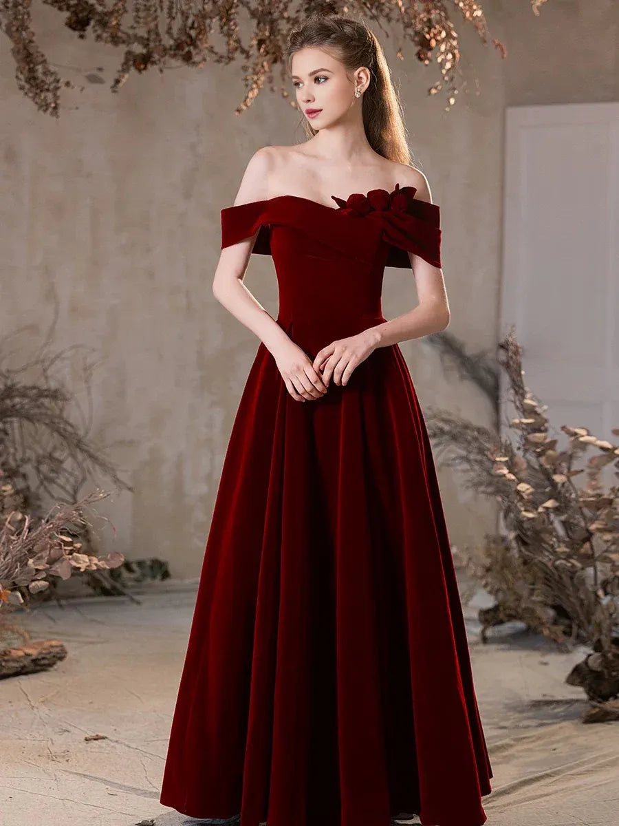 Wholesale A-Line Off Shoulder Velvet Burgundy Long Prom Dress Burgundy Long Formal Dress gowns evening dresses 